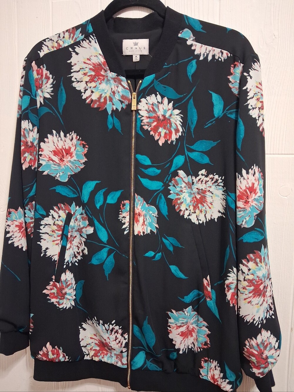 Chaus Black Floral Bomber Jacket with Teal & Cream Accents
